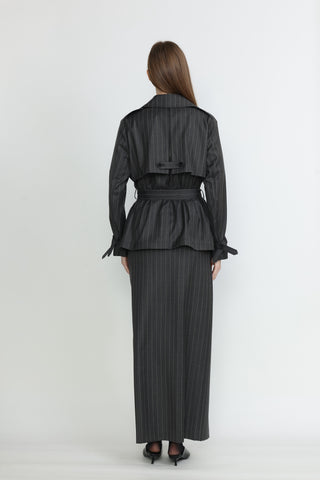 Perth Coat - Trench coat in charcoal grey pinstripe