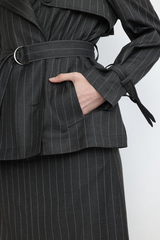 Perth Coat - Trench coat in charcoal grey pinstripe