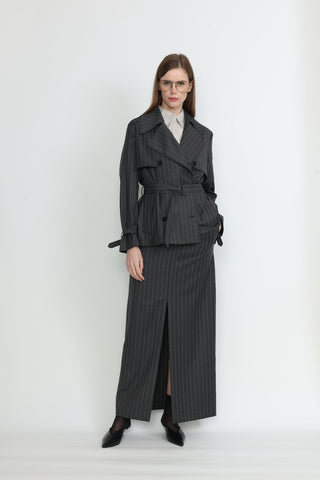 Perth Coat - Trench coat in charcoal grey pinstripe
