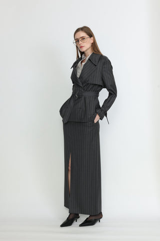Perth Coat - Trench coat in charcoal grey pinstripe