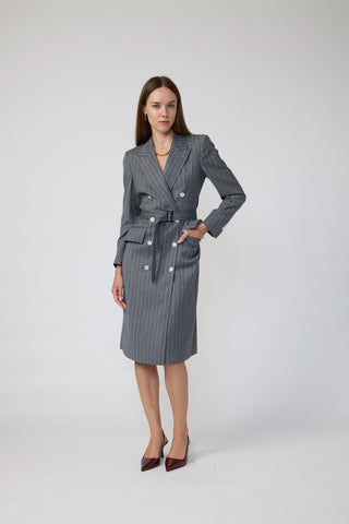 Emmen Dress - Tailored midi dress in grey pinstripe