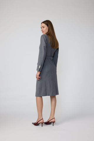 Emmen Dress - Tailored midi dress in grey pinstripe