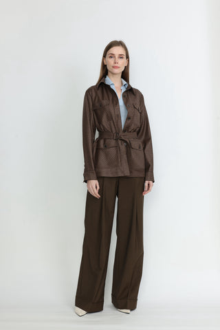 Rolle Loose Fit Shirt Jacket with Belt in Brown Check