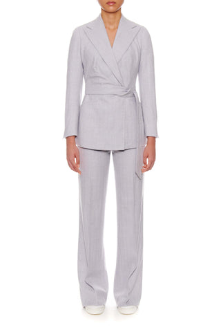 Avignon - Wool wrap jacket with peaked lapels in sky grey herringbone