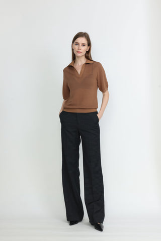 Geraldton Crochet Knit Polo T-shirt in Brown