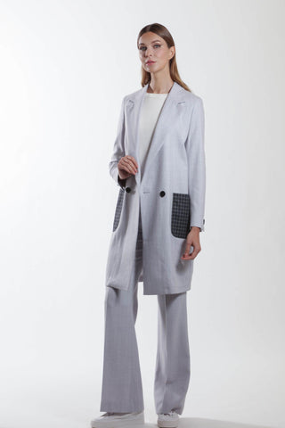 Bordeaux - Bootcut wool suit trousers in sky grey herringbone