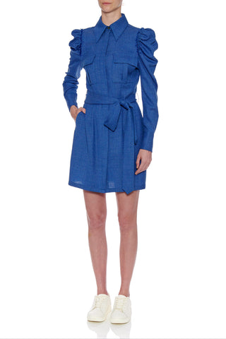 Jean Dress - Short shirt dress with leg of mutton long sleeve in blue