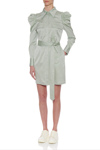 Jean Dress - Short shirt dress with leg of mutton long sleeve in mint