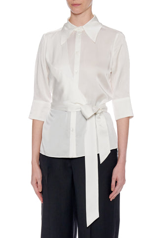 Girona-Salt Shirt - Short sleeve button-down wrap blouse in white