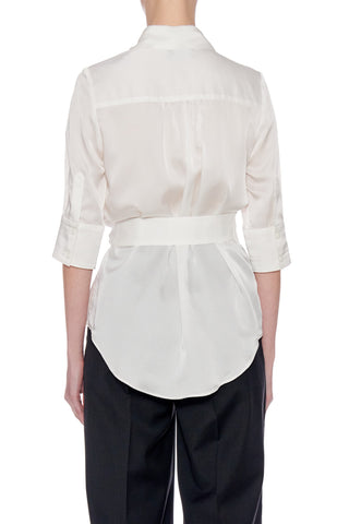 Girona-Salt Shirt - Short sleeve button-down wrap blouse in white