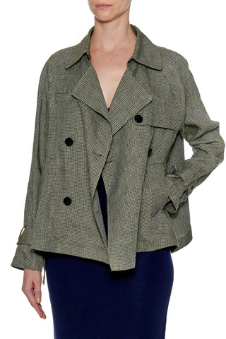 Alicante Coat - Short ultra light trench linen jacket in green houndstooth