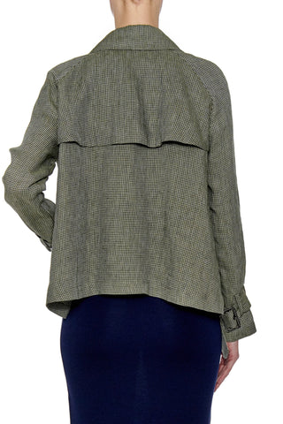 Alicante Coat - Short ultra light trench linen jacket in green houndstooth