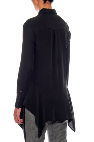 Tulle Blouse - Button-up blouse with a side drapes in ash black