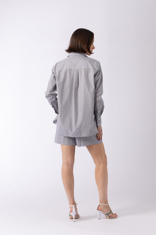 Mykonos Shirt - Oversized long sleeve shirt in grey pinstripe