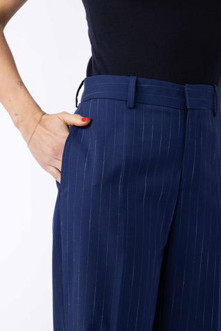 Workum Trousers - Slim fit trousers with turn ups in navy blue pinstripe