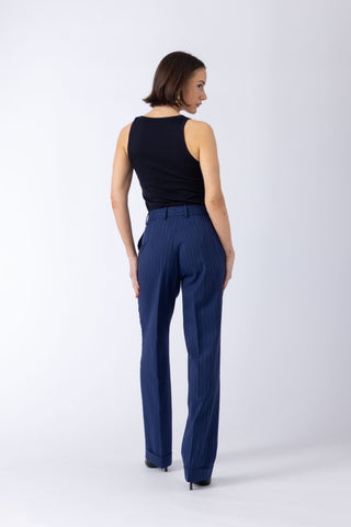 Workum Trousers - Slim fit trousers with turn ups in navy blue pinstripe