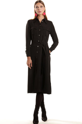 Amiens Dress - Long sleeve shirt dress with utility pockets in night black