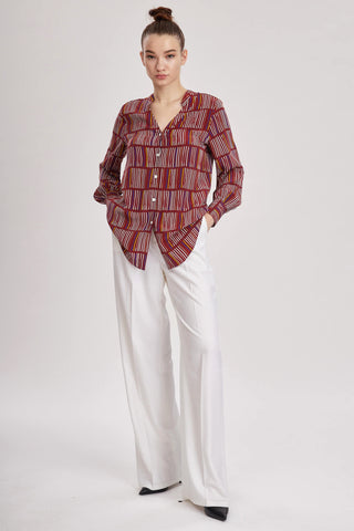 Canterbury Blouse - Printed silk V-neck blouse in red wine silk crepe de chine