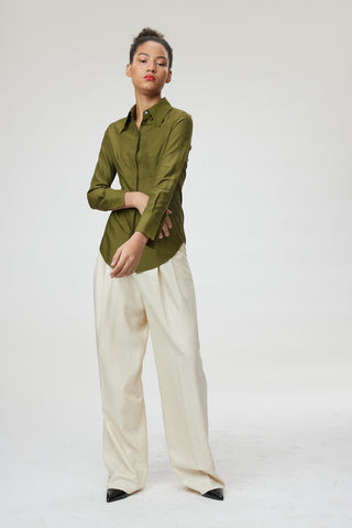 Trento Blouse -  Fitted silk blouse in olive green