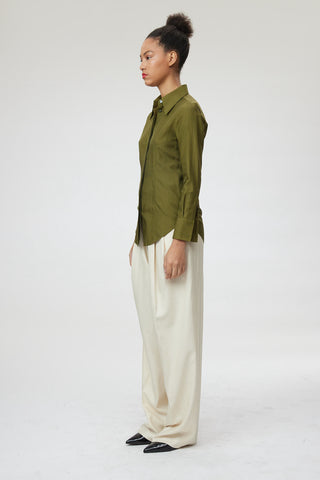 Trento Blouse -  Fitted silk blouse in olive green