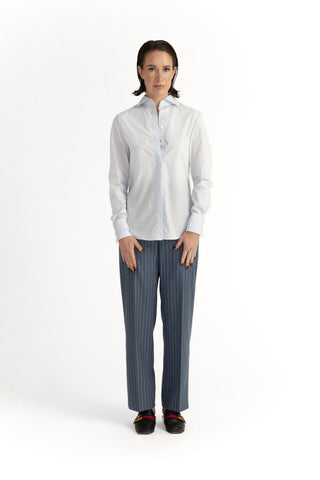 Pitea Blouse -  Classic shirt with spread-out collar in light blue pinstripe