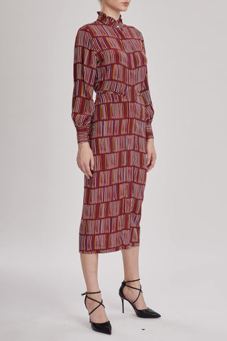 Cardiff Dress - Printed midi shirt dress in red wine  silk crepe de chine