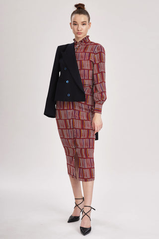 Cardiff Dress - Printed midi shirt dress in red wine  silk crepe de chine