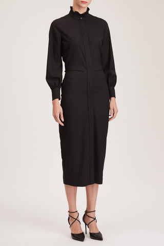 Cardiff Dress - Midi shirt dress in black wool crepe