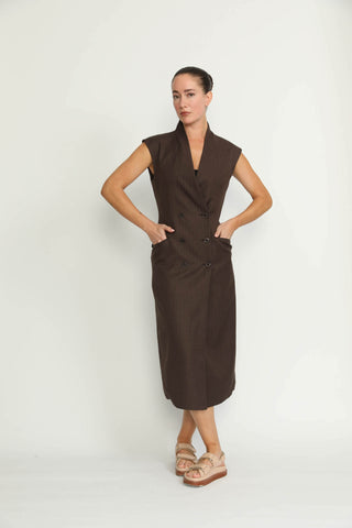 Lausanne Dress - Lausanne Tailored Brown Herringbone Midi Dress