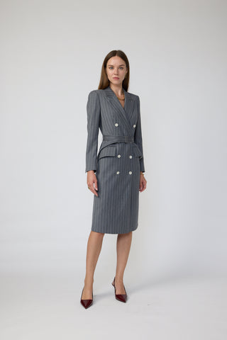 Emmen Dress - Tailored midi dress in grey pinstripe