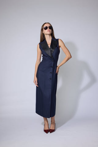 Caldas Limited Edtion - Tailored maxi dress in navy basketweave