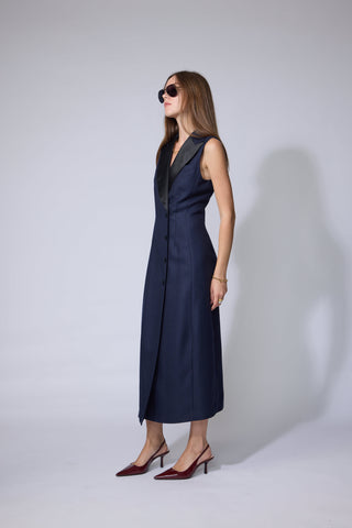 Caldas Limited Edtion - Tailored maxi dress in navy basketweave