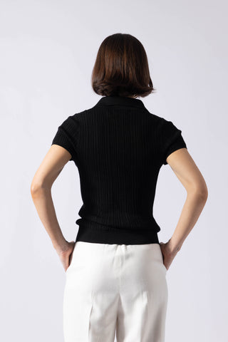 Lamia Top- Polo collar knit top in black