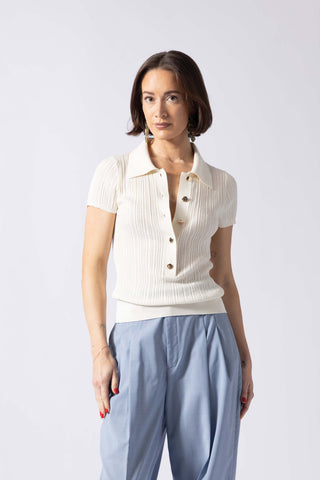 Lamia Top - Polo collar knit top in white