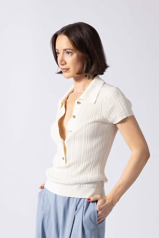 Lamia Top - Polo collar knit top in white