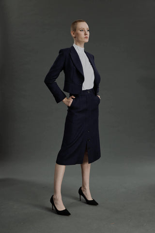 Barreiro Jacket - Short jacket in midnight blue basketweave wool