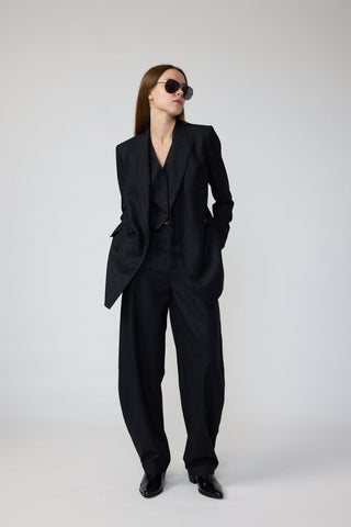 Amsterdam Jacket - Double breasted fitted jacket in charcoal black pinstripe