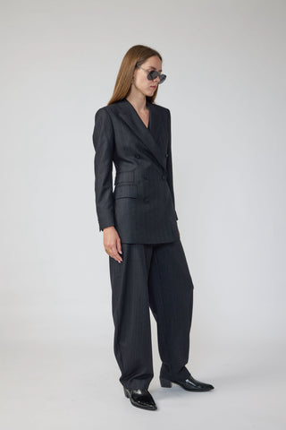 Amsterdam Jacket - Double breasted fitted jacket in charcoal black pinstripe