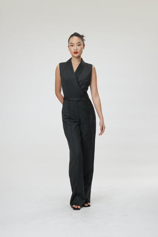 Bergamo Jumpsuit - Shawl collar jumpsuit in charcoal black