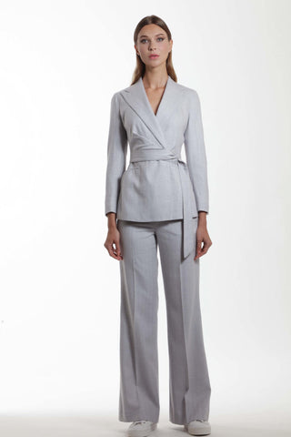 Avignon - Wool wrap jacket with peaked lapels in sky grey herringbone