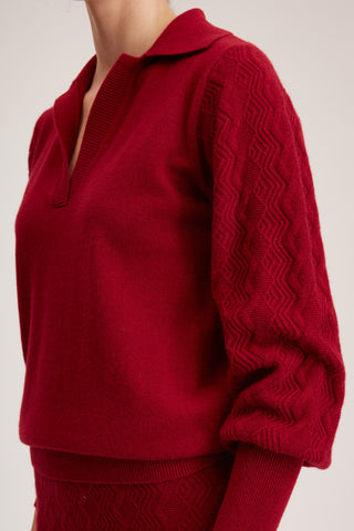 York Knit Top - Open Polo neck loose fit knit sweater in red wine