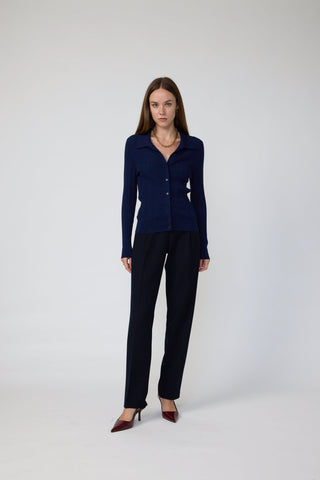 Laren Top - Polo pleated knit top in navy