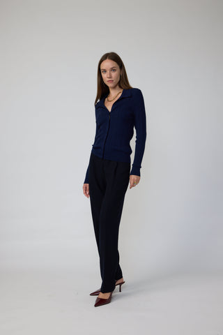 Laren Top - Polo pleated knit top in navy