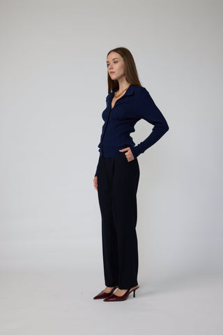 Laren Top - Polo pleated knit top in navy
