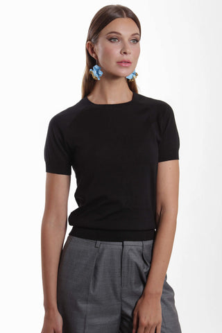 Lourdes - Short sleeve cotton-silk t-shirt in black