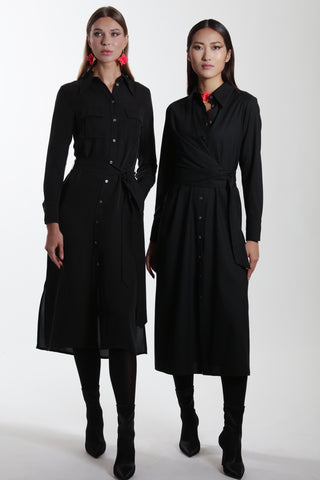 Amiens Dress - Long sleeve shirt dress with utility pockets in night black