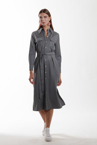 Amiens Dress - Long sleeve shirt dress with utility pockets in sky grey