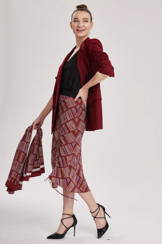 Cumbria Skirt -  Midi slip skirt in printed red wine silk crepe de chine