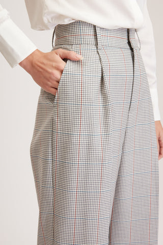 Almeria Trouser - Wide leg, high waisted trousers in light grey tartan