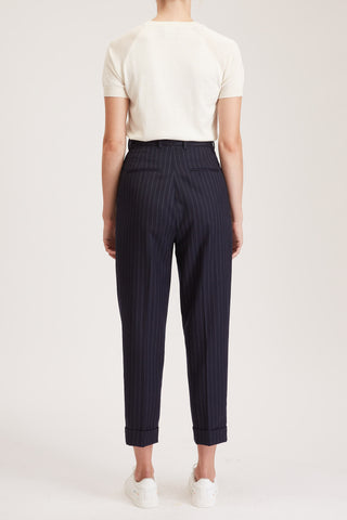 Southampton Trouser - High waisted, pleated trousers in navy pinstripe